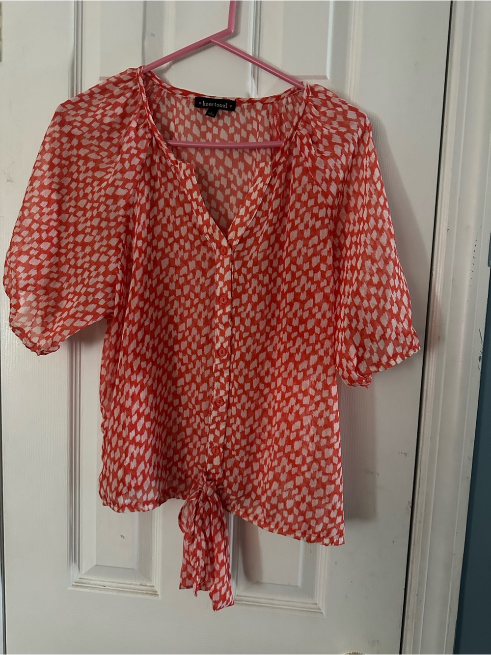 HeartSoul Orange and White Tie-Front Patterned Blouse